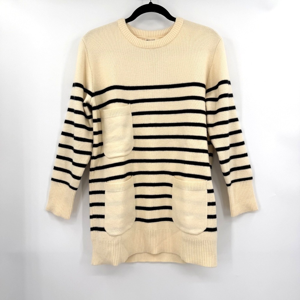 Moss Club Striped Sweater Japanese Brand 3 Pockets Cream Oversized Small